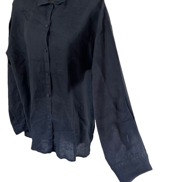 Eileen Fisher Irish Linen Classic Collar Black Button Down Boxy Shirt - Picture 5 of 12